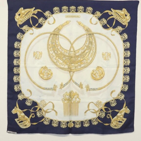 HERMES Carre 90 Scarf ""LES CAVALIERS D'OR"" Silk Navy Auth - Picture 12 of 15